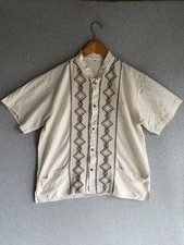 Mexican Artisan Shirt Mens Small Beige Guayabera Embroidered Beach Resort Coast