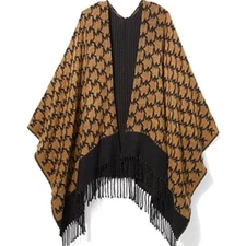 MICHAEL KORS LOGO PONCHO JACQUARD FRINGED RUANA DARK CAMEL & BLACK SWEATER CAPE