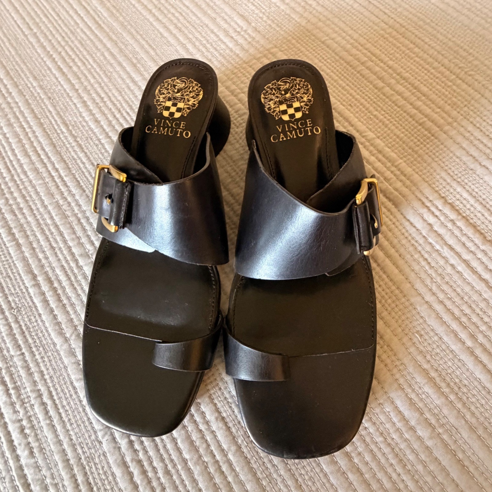 NEW Vince Camuto Women's Black Leather Toe Ring Slide Sandals Size 8.5M