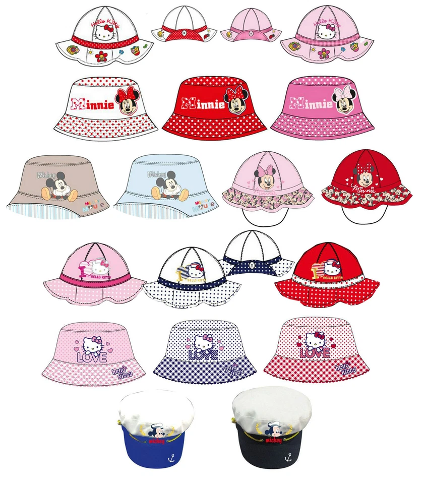 DISNEY MINNIE MICKEY MAUS HELLO KITTY Hello Kitty Minnie Mickey Maus Mütze Hut Sommer Sommerhut Cape Gr. 80 - 128 NEU