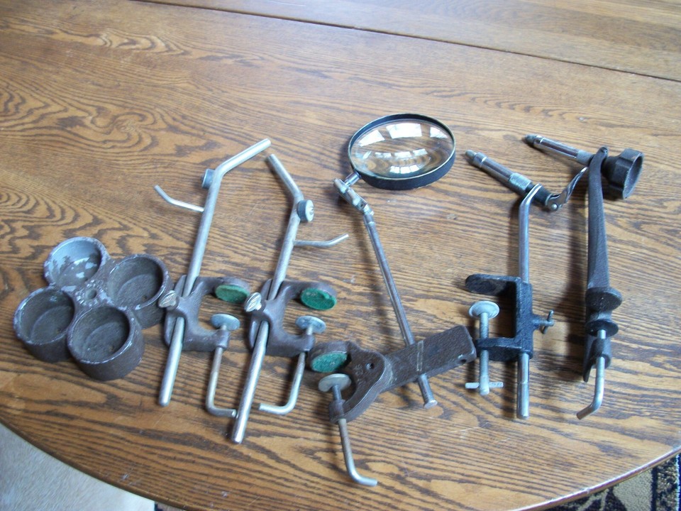 6 VINTAGE FLY TYING TOOLS, MAGNIFIER, BASE STAND, HERTERS, SUNRISE FLY VISES eBay