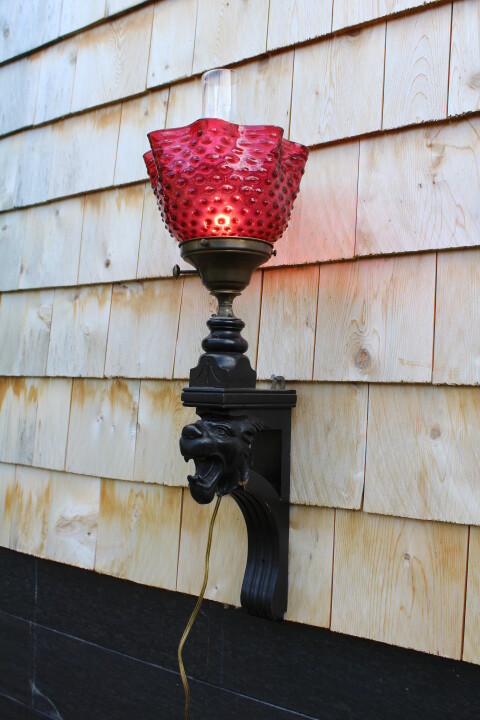 Antique Wood Carved Griffin Lion Head Wall Sconce Cranberry Roller Coaster Shade