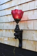 Antique Wood Carved Griffin Lion Head Wall Sconce Cranberry Roller Coaster Shade