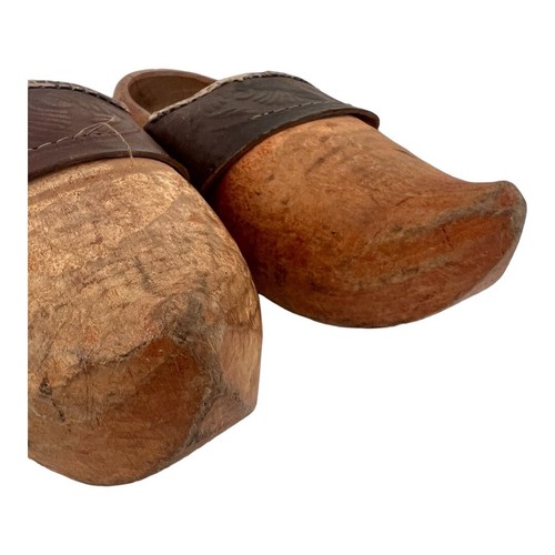 Antique Dutch Hand Carved Wooden Clogs Leather - Picture 8 of 22