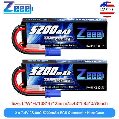 2x Zeee 7.4V 80C 5200mAh 2S LiPo Battery EC5 for 1/8 1/10 RC Car Truck Boat Heli