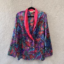 Vintage Gold Label Victoria Secret Satin Pajama Floral Button Top Colorful M