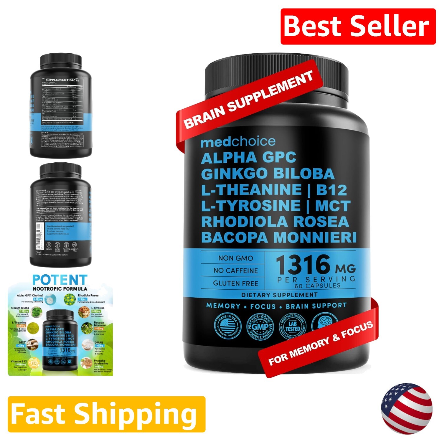 Memory & Focus Supplement - 10-in-1 Nootropic - Stimulant Free, Vegan - 60ct