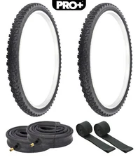 PRO+ BICYCLE TIRES 26 x 2.10 BLACK P-1032 KNOBBY W/HEAVYDUTY TUBES & RIMSTRIPS