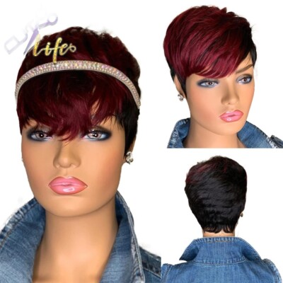 Red Burgundy 99J Ombre Color Short Wavy Bob Pixie Cut Wigs Full Machine Made Non