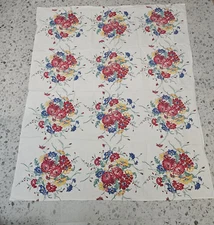 VTG Floral Block Linen Tablecloth 63 x 52