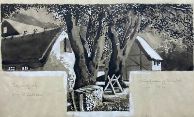 Buchillustration Häuser im Mondschein Gouache Christian P. Nielsen Dänemark