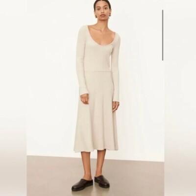 vince rib scoop neck dress $275 Vince Rib Scoop Neck Long Sleeve Knit Dress 3X-Large, HEATHER DARK  IVORY