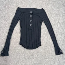We The Free People Black Ribbed Knit Henley Long Sleeve Top Women's Size XS