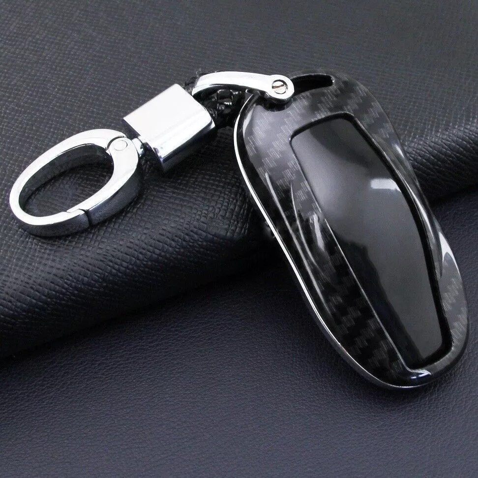Carbon Fiber Car Key Fob Cover Case Chain Ring Accessories For Tesla Model 3 S Y