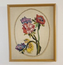 Vtg Caterpillar Floral Embroidery Art Framed 22x19 Needlepoint MCM Cottagecore