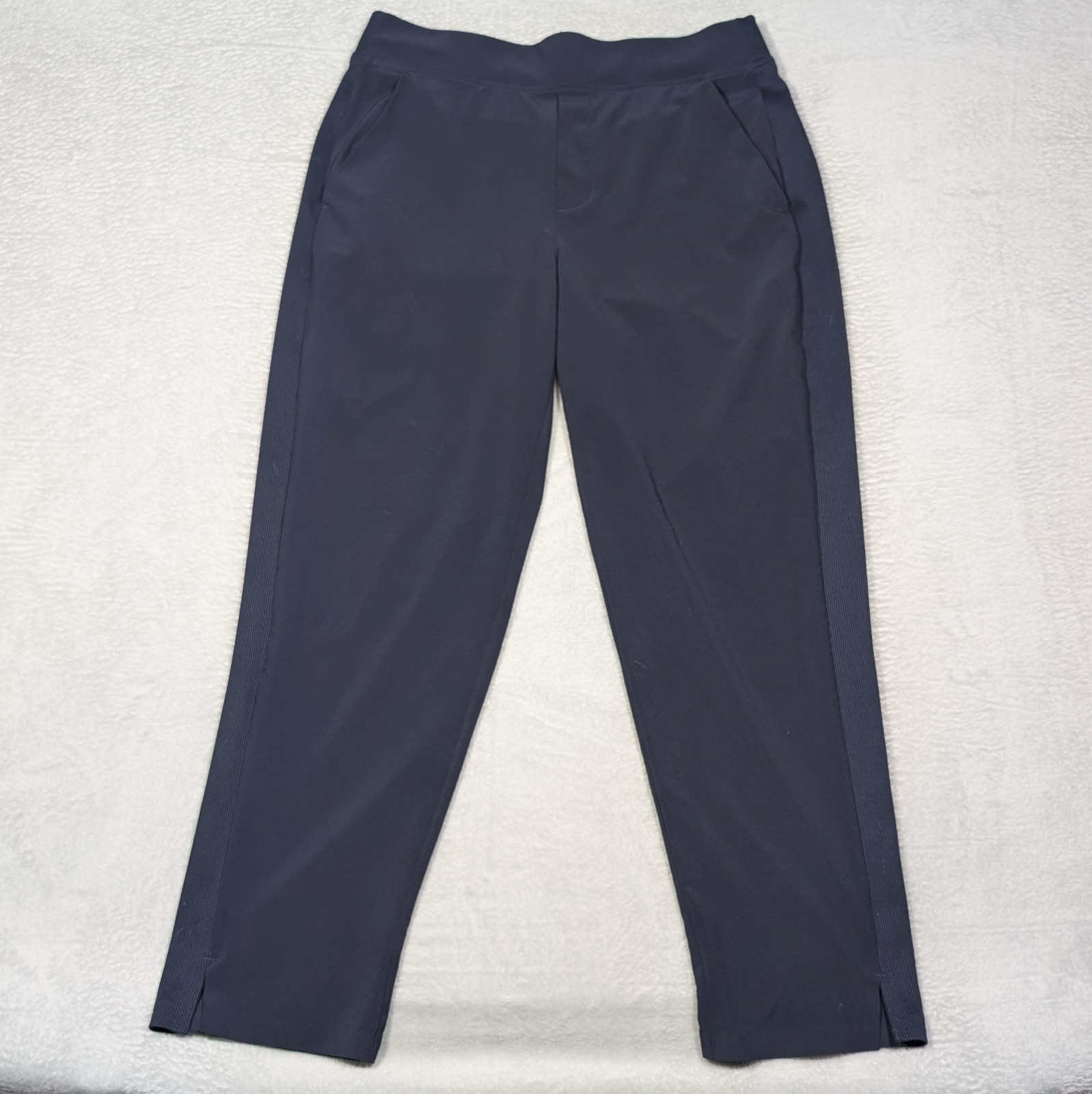 ATHLETA Brooklyn Ankle Pants Navy Blue Size 10 Ribbed Sides Lightweight Mid Rise