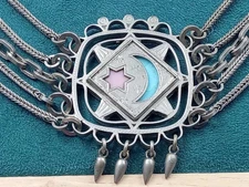 Unique 12" Silver Moon & Stars Theme Antique Watch chain w. 5 Strands & Dangles