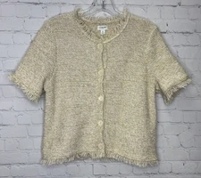 J. Crew Short-sleeve fringe lady cardigan sweater Beige Preppy