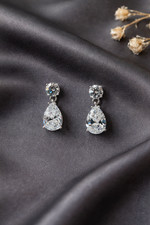 Platinum Plated Teardrop CZ Drop Earrings Pear Cut Minimalist Gift for Her New