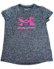 Under Armour Girls Shirt Gray Pink Logo Loose Fit Athletic Short Sleeve Youth L