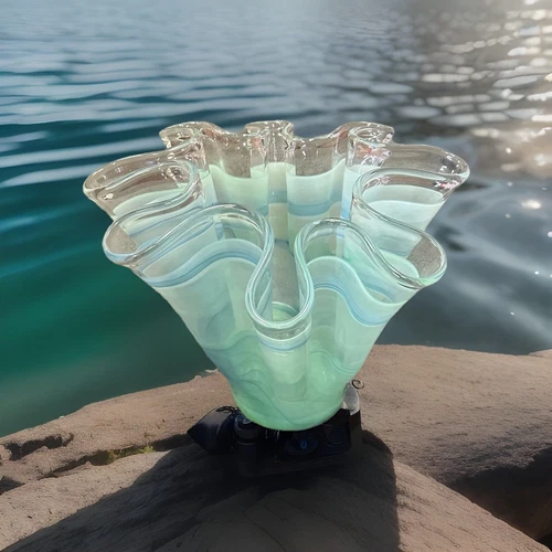 Vintage Lg Blue & Green Swirl Lavorazione Murano Art Glass Ruffled Vase 10 1/4”