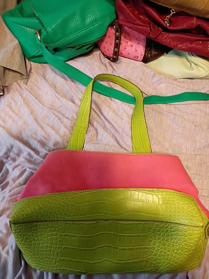Bolso de Mano de Lona Rosa y Verde con Borde de Cuero de Cocodrilo Foto 2 de 4