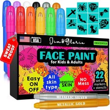 JimGloria Water Based Face Paint Kit with Stencils, 12 Large Professional Face