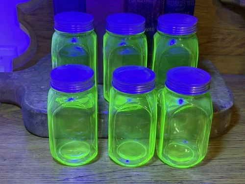 1920's Set Of 6 Anchor Hocking Hoosier Jars: Green Uranium Glow Depression Glass