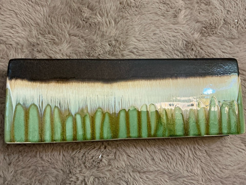 Mid Century Modern Rectangular Ceramic Ikebana Vase Reactive Glaze Green Brown 