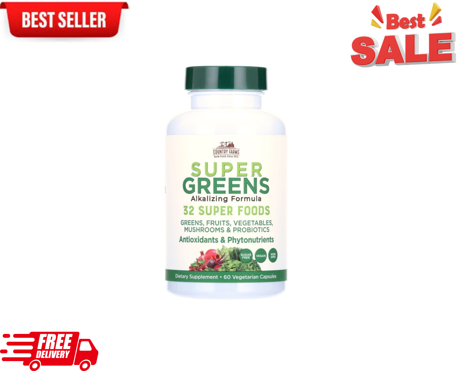 Country Farms Super Greens Vegetarian Capsules - 60 Count Whole Food Supplement