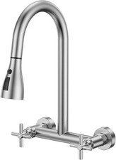 Commercial Wall Mount Kitchen Faucet 8in Pull Down Sprayer Brushed Nickel