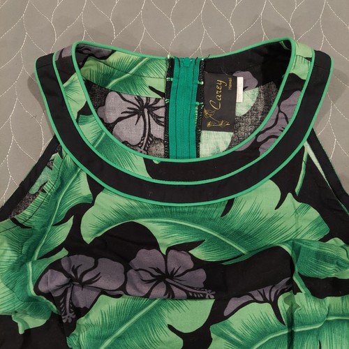 CAREY HAWAII Tropical Floral Long Dress Aloha GREEN BLACK Womens XL Vintage - Foto 1 di 16
