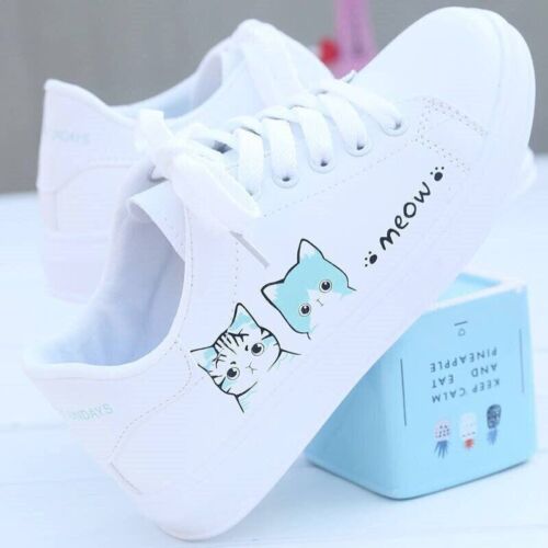 Zapatillas Deportivas Blancos Mujer Zapatos Tenis Con Estampado De Gato Zapatillas - Imagen 1 de 6