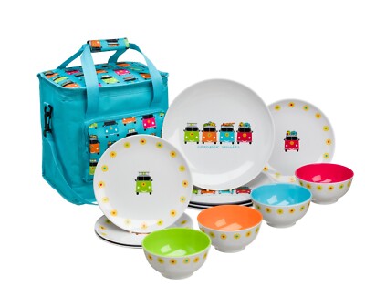 Flamefield CAM0113 Camper Smiles 12-delige Melamine Eetkamerset met Koeltas, Multicolor