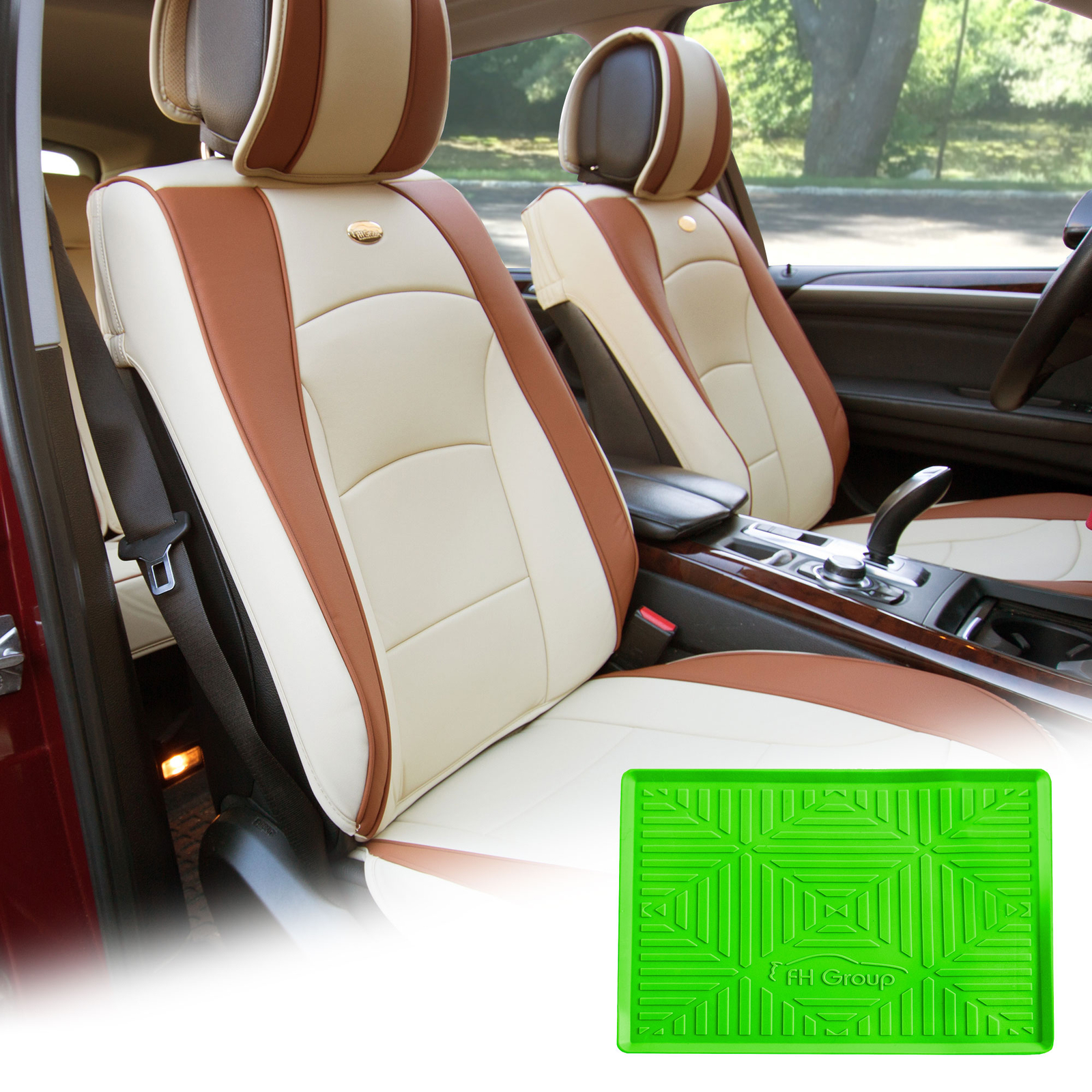 Leatherette Seat Cushion Covers Front Bucket Beige w/ Green Dash Mat For Sedan