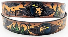EAGLES NATURE WESTERN MOTORCYCLE EMBOSSED 100% COWHIDE LEATHER BELT USA MADE
