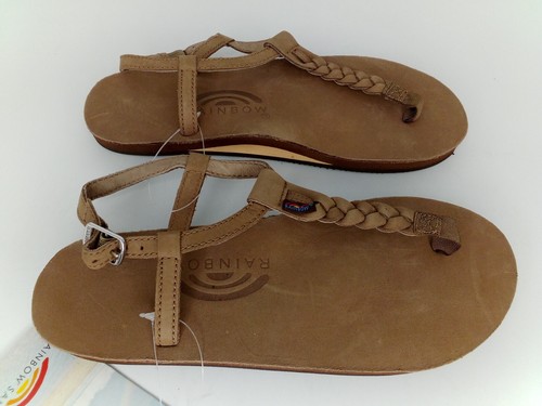 RAINBOW WOMAN'S T-STREET SINGLE LAYER SANDALS CENTER BRAID STRAP, BROWN, 5.5-6.5
