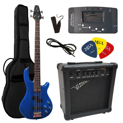 BLUE EVIL: Elektrobass BLAU-TRANSPARENT 45WATT SET (B25) E-Bass,Stimmmgerät,10BL