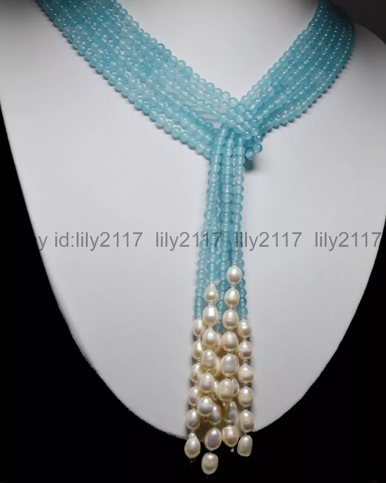 50" Long Charming 3 Strands 4mm Blue Aquamarine Gems White Pearl Lariat Necklace - Image 3 of 4