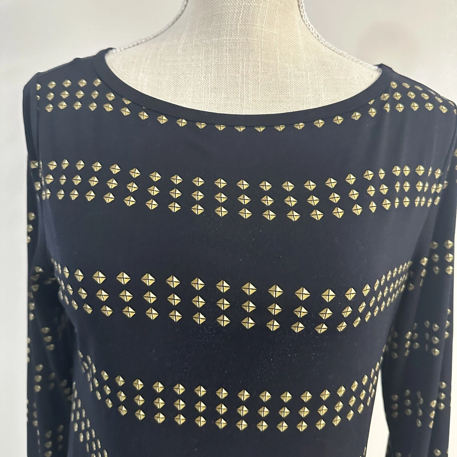 Abito tunica Michael Kors nero oro motivo geometrico piccolo manica lunga elasticizzato