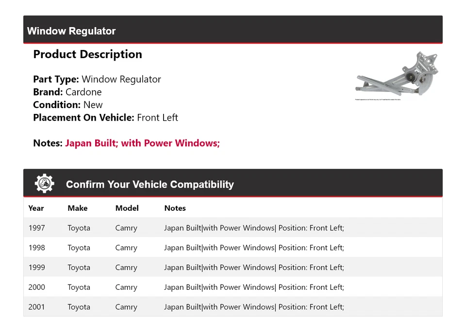 Regulador de ventana delantero izquierdo cardone 1998 1999 2000 Toyota Camry 1997-2001 Foto 2 de 4