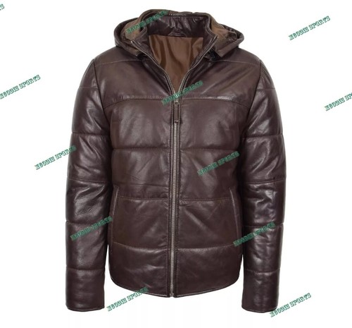 Mens Genuine Lambskin Down Lightweight Quilted Leather Hooded Puffer Jacket Coat - Picture 5 of 14