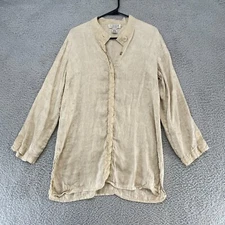 Citron Linen Silk Top Womens Small Tunic Button Up Floral Paisley Beige Tan