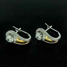 2Ct Round-Cut Real Moissanite Huggie Hoop Earrings 14K Two Tone Gold Plated