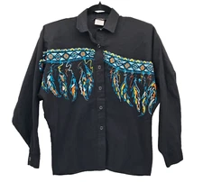 Vintage Roper Button Front Shirt Women's Small Black w/Feathers Western 80s 90s