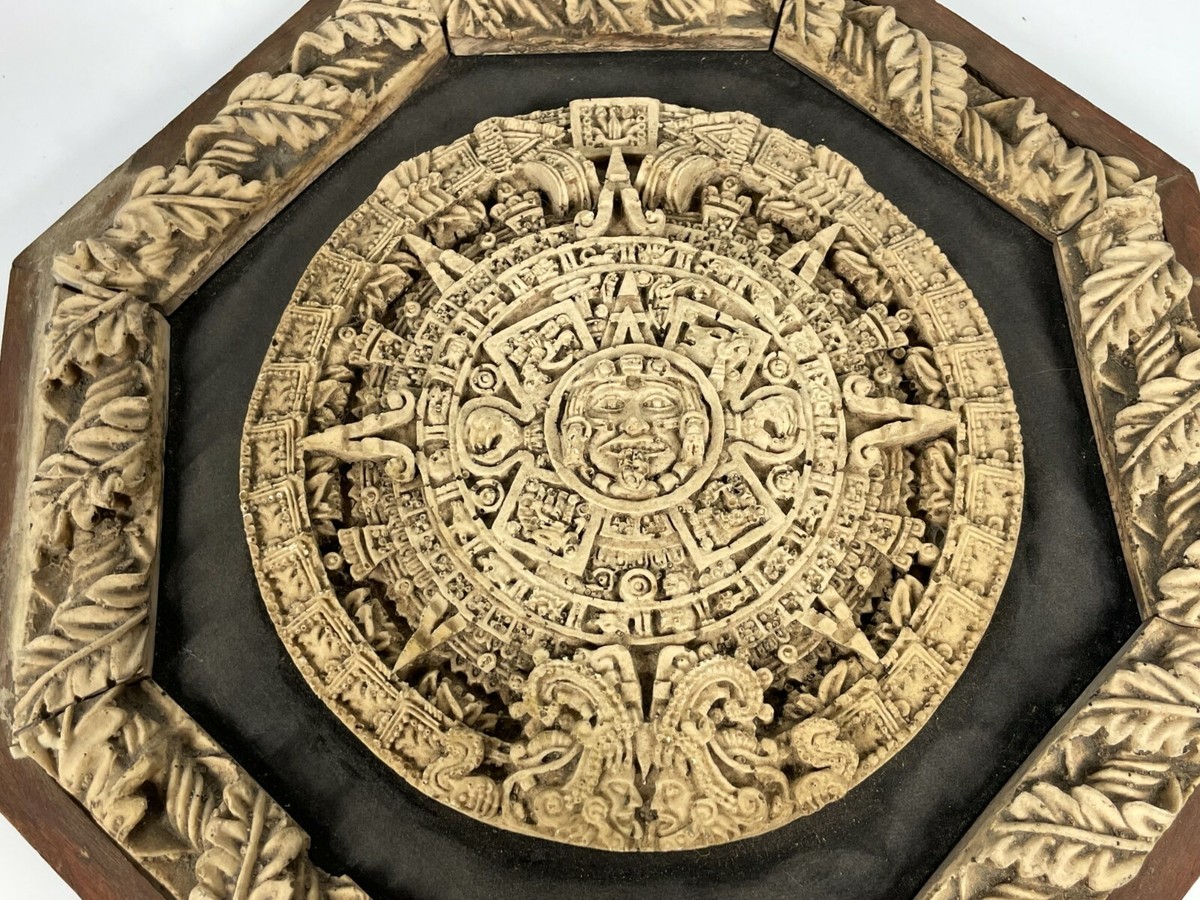 Mexico Aztec Olmec Calendar Stone Vintage Handmade Cast Resin Wood