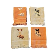 VTG Screen Prints by Sayco Set of 4 100% Cotton 15x10 Owl and Turtle Towels READ