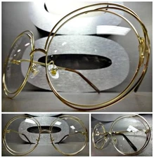 OVERSIZED VINTAGE RETRO Style Clear Lens EYE GLASSES Large Big Round Gold Frame