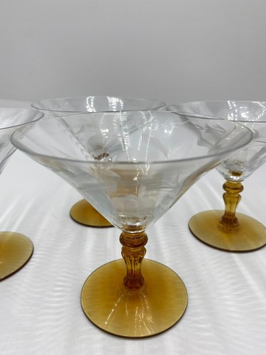 TIFFIN-FRANCISCAN AMBER AND CLEAR ETCHED OPTIC LIQUOR COCKTAIL SET OF 4 - Picture 10 of 12