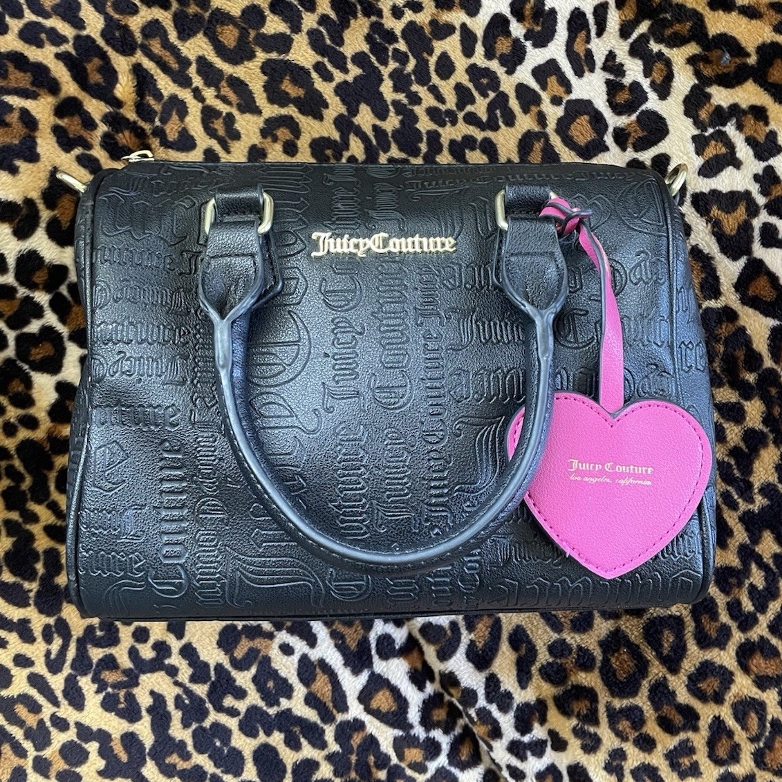 Juicy Couture Black Embossed Logo Satchel with Pink Heart Charm
